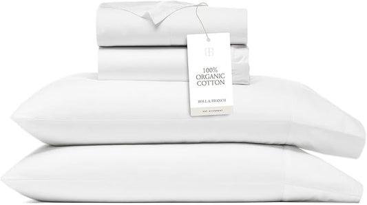BOLL & BRANCH Percale Hemmed Sheet Set - Cooling Breathable Bed Sheets for Hot Sleepers - Full, White - Luxury 100% Organic Cotton - 1 Flat, 1 Fitted, 2 Pillowcases
