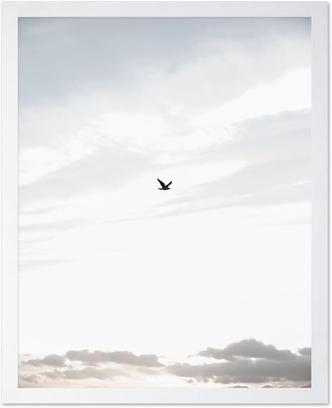 Monem Art Minimalist Bird in Sky Photography Print - Moody Nordic Landscape Art Poster - Wall Decor for Living Room, Bedroom or Office - 8x10 White Framed Wall Art by Mareike Bohmer