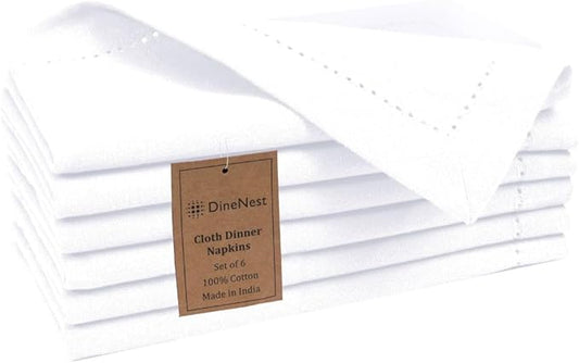 Hemstitch Dinner Napkins 100% Cotton Set of 6 - for Dining Weddings Parties Restaurants Holidays Easter Everyday Use - Soft Durable Washable Table Napkins - 18x18 Inch Cloth Napkins White