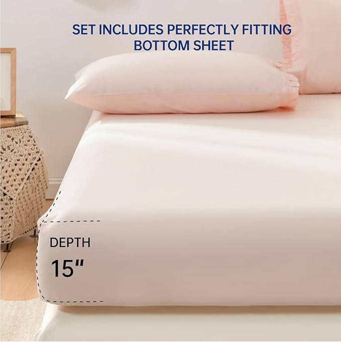 Simple&Opulence 100% Cotton Sheet Set Ruffle- 4Pcs (1 Flat Sheet 1 Fitted Sheet 2 Pillowcases) Bed Sheets Soft French Country Shabby Chic Vintage Bedding Set Aesthetic Farmhouse (Blush Pink, Queen)
