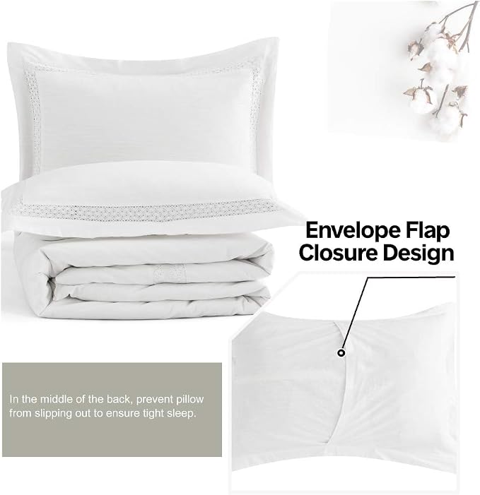 BISELINA Linen Duvet Cover Set 2pcs French Vintage Crocheted Lace Flax Cotton Blend Solid Color Shabby Chic Boho Luxury Farmhouse Bedding (Twin, Lace White)