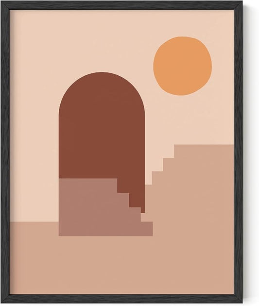 Abstract Architecture Wall Art Archway Stairs Sun Geometric Shapes Earth Tones Terracotta Mid Century Modern 11x14 Inch Oak Wood Black Framed Minimalist Boho Office Decor