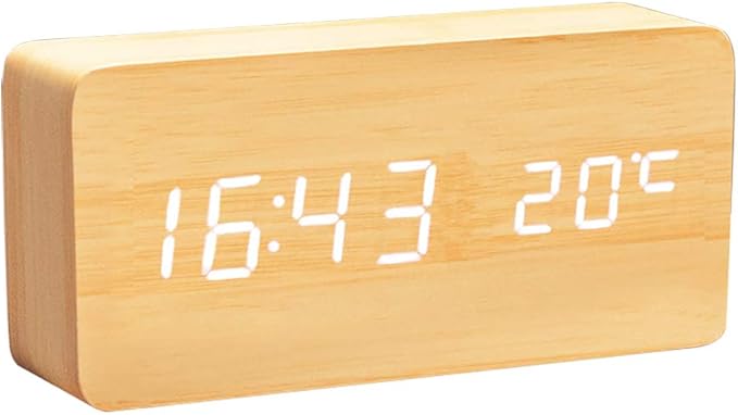 Wooden Digital Clock Multi-Function LED Alarm Clock with Time/Date/Temperature Display and Voice Control for Home Office Travel - AC11Yellow_White