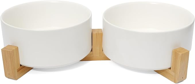 Dog Food Bowl, 13.5 oz Ceramic Modern Design, Dog Water and Food Bowl with Wood Stand, for Puppy & Cat, Non-Slip Feeding Station with Weighted Base, White