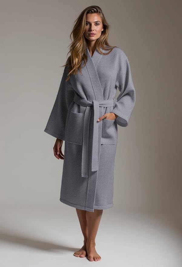 Turquaz Lightweight Waffle Knit Kimono Bathrobe - Soft Cotton Blend Spa Robe, Fast-Drying Full-Length Unisex Robes for Women
