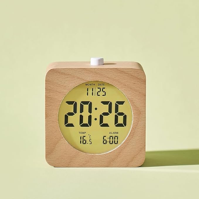 Digital Alarm Clock with LCD Display, Wooden Case, Temperature Display, Date Function (02)
