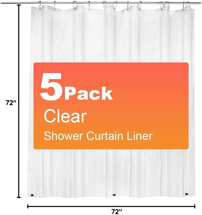 ZEMAHOME 5 Pack PEVA Plastic Shower Curtain Liner Premium Light Weight 72" x 72" Clear Bathroom Shower Showroom Curtain Liner with Rustproof Metal Gromments and Weighted Magnet