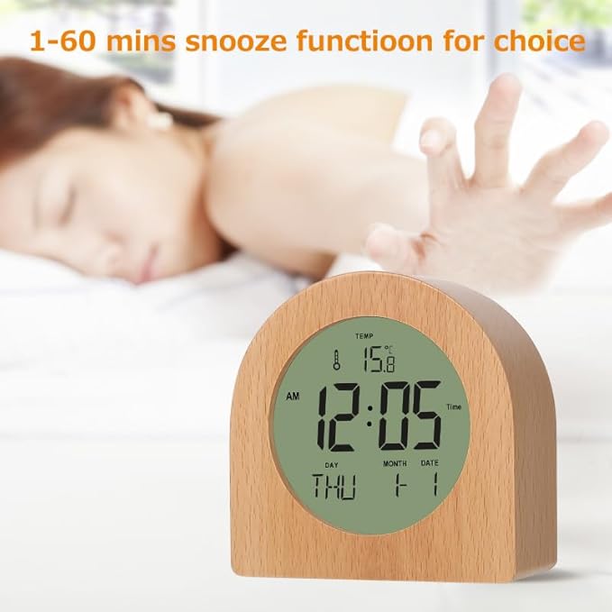 Wooden Alarm Clock for bedrooms，Battery Operated with Snooze Function and Backlight,LCD time,Date,Temperature Display, C/F Switch,12/24hour,Round Simple Design,eco-Friendly