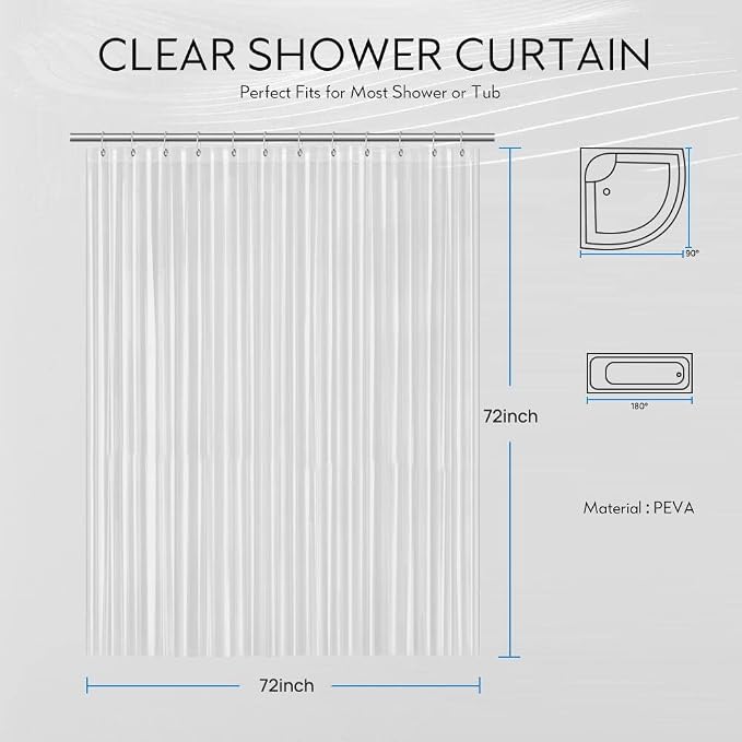FGY Shower Curtain Liner 72" x 72" PEVA Plastic Shower Curtain with 12 Metal Grommet for Bathroom (Clear)