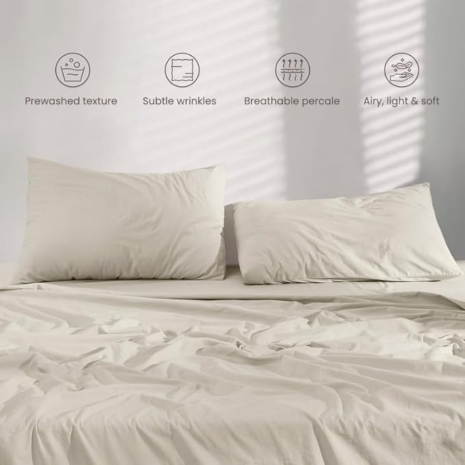 BIOWEAVES 100% Organic Washed Cotton Percale Weave Sheets King | GOTS Certified Sheets for King Size Bed, 17” Deep Pocket – 4 Piece Set, F Dew