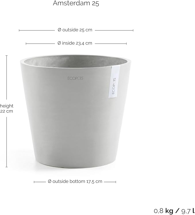 Ecopots Oslo Durable Modern Round Indoor/Outdoor Recycled-Based Composite Flower Pot Planter, Pure White, 10"