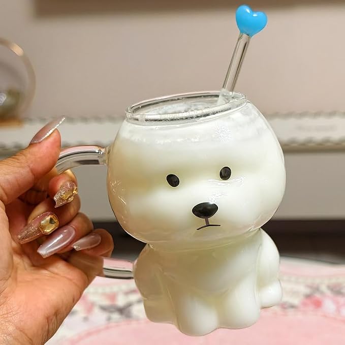 Coffee Mug Cups Ceramic Tea Cup Cute 3D Bichon Frise Dog Shaped Handmade Pottery Cute Mugs Handle Office Home Hot Ice Chocolate Milk Mugs Gifts Microwave Dishwasher Safe 14 Oz Travel Mug (Clear dog)