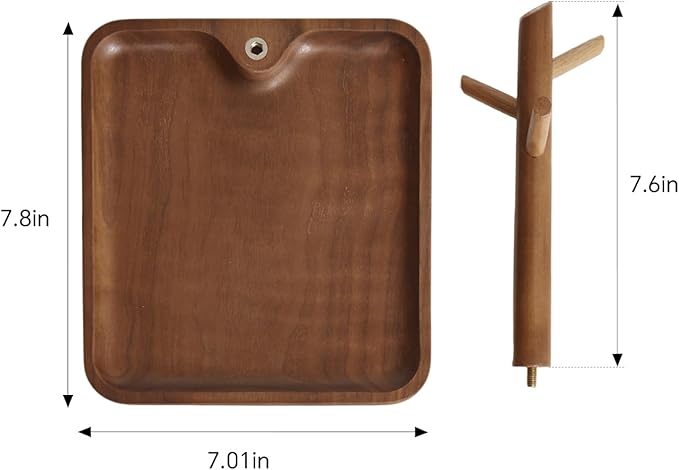 Black Walnut Solid Wood Key Dish Bowl for Entryway Table Square Tray With 3 Hooks, Open Storage for Keys, Wallet, Jewelry (Walnut, Square)