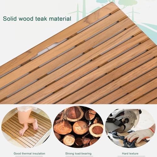 Teak Shower Mat Foldable Luxury Wooden Non-Slip Wood Bath Mat for Bathroom Bathtub Indoor Outdoor,Teak Wood Shower Mat with Non Slip Feet and Handles Bamboo Bath Mat for Bathroom and Sauna W