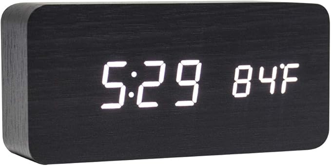 Wooden Digital Clock Multi-Function LED Alarm Clock with Time/Date/Temperature Display and Voice Control for Home Office Travel AC11Black_White