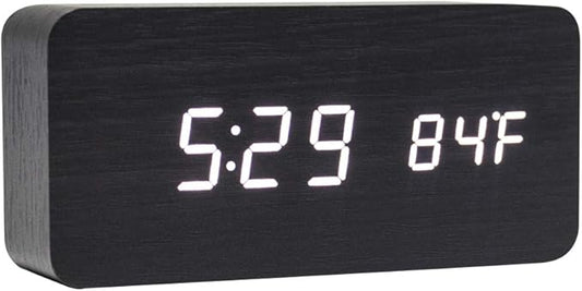 Wooden Digital Clock Multi-Function LED Alarm Clock with Time/Date/Temperature Display and Voice Control for Home Office Travel AC11Black_White