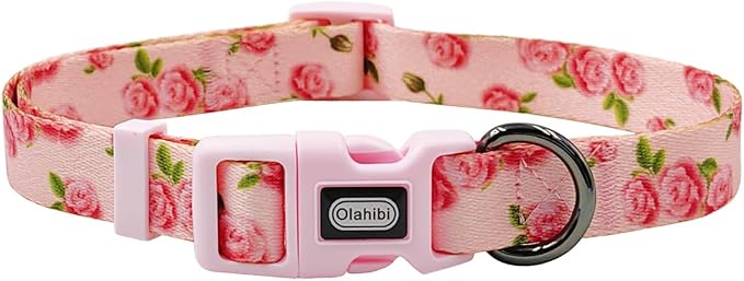 Dog Collar Leash Set, Floral Pattern, Polyester Material, Adjustable Collar and 5ft Matching Leash, for Large Dogs.(L, Pink Rose)