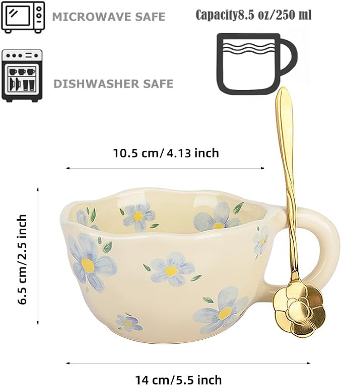 Cute Coffee Mug,Ceramic Tea cup,Kawaii coffee mugs,Handmade Creative Flower Pink mug with Spoon,Aesthetic mugs for milk Cappuccino Cocoa,8.5 oz Cheery Mug Gift for Women Christmas (Blue)