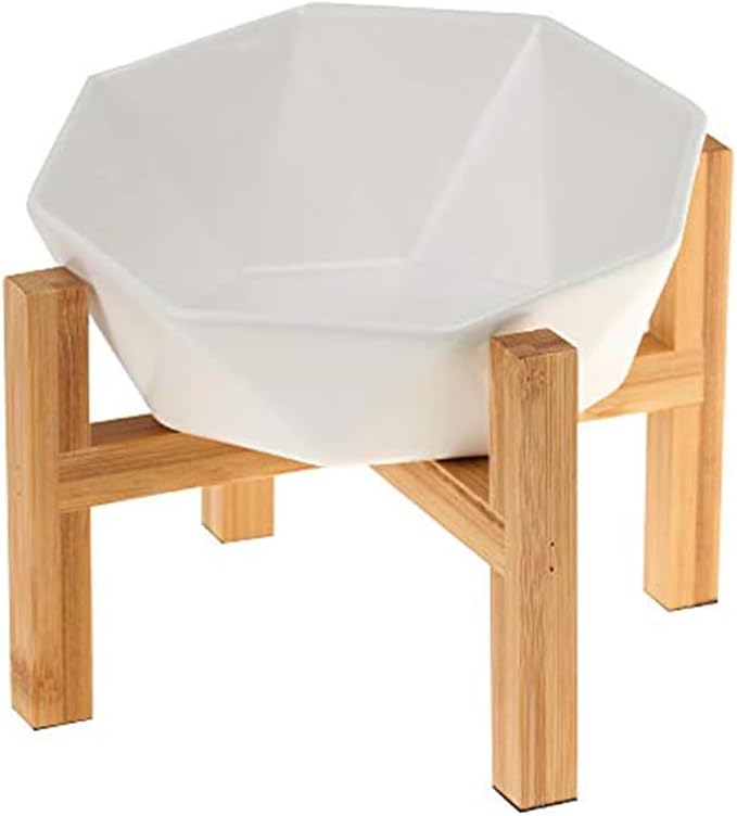 Ceramic Tilted Raised Cat Bowl - Elevated Food Bowl for Indoor Cats & Small Dogs - Shallow Wide Whisker-Friendly Design - Pet Dish Suitable for Feeding Dry, Wet, Treats & Canned Food - White