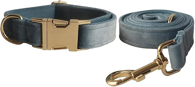 Love Dream Velvet Dog Collar and Leash Set, Soft & Comfy Adjustable Dog Leash and Collar with Heavy Duty Metal Buckle for Small Medium Large Dogs Training & Walking (Small, Pearl Blue)