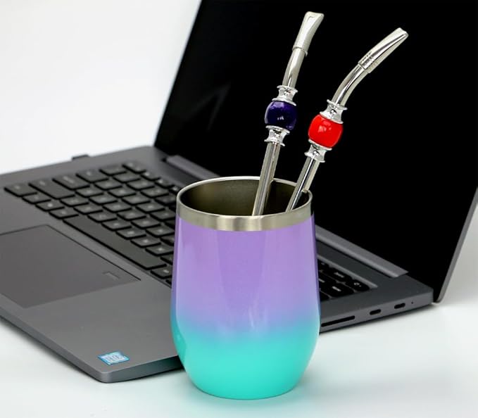 Premium Yerba Mate straws,Reusable stainless steel Bombilla Mate straw, with colorful beads - Bombilla for Mate gourd drinking and Bombilla set accessories, with removable head filter (Red and Purple)