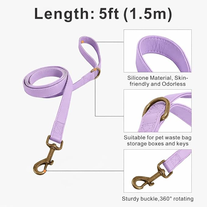 Silicone Dog Collar and Leash Set, Waterproof & Odor-Proof Puppy Collar for Small Dogs, Soft Flexible Leather-Look Dog Collars, Durable Thick Adjustable Pet Collar (Purple, Medium (12.5-20" Neck))