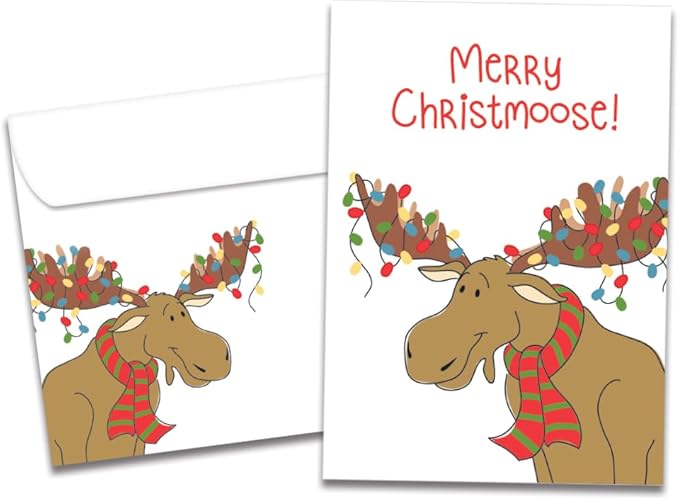 Tree-Free Greetings - Season's Greeting Cards - Artful Designs - 10 Cards + Matching Envelopes - Made in USA - 100% Recycled Paper - 5 x 7 - Merry Christmoose (HB30409)