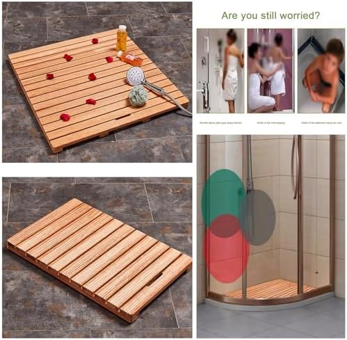 Teak Shower Mat Foldable Luxury Wooden Non-Slip Wood Bath Mat for Bathroom Bathtub Indoor Outdoor,Wooden Bath Mat Waterproof Bamboo Mat with Anti Slip Design Ideal for Shower Spa and Sauna R
