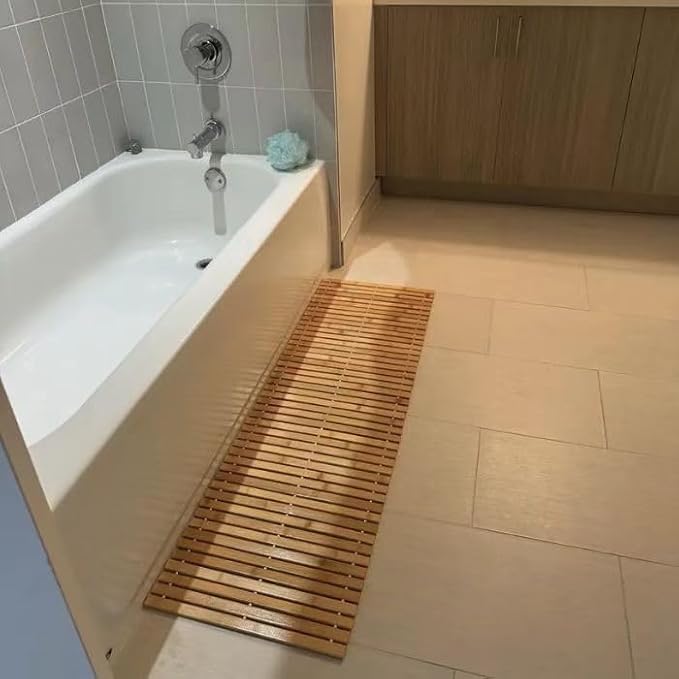 HJJKKH Bath Mat, Wooden Bathroom Mat Rayon Made from Bamboo 47.3"x15.7", Rollable Non-Slip Floor Mat, Wooden Shower Mat for Bathroom, Bathtub, Spa, Sauna, Hot Tub & Outdoor Use