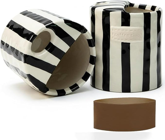 Ceramic Coffee Mug with Half Lid, 12oz To Go Coffee Mug, Handcrafted Striped Glazed Ceramic Coffee Mug with Dual Sip Lid for Hot and Cold Drinks, Black