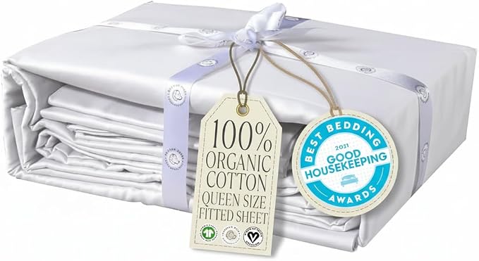 Delilah Home 100% Organic Cotton Queen Fitted Sheet, GOTS & Vegan.org Verified, Long Stem 300 TC Sateen Bedding, Non-Synthetic, Deep Pocket Fitted Linen, Lightweight, All-Season, 1 Piece Set - White