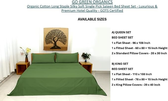 Organic Cotton Long Staple Silky Soft Single Pick Sateen Bed Sheet Set - Luxurious & Premium Hotel Quality - GOTS Certified - Solid Dyed (Vineyard Green, King (U.S. Standard))