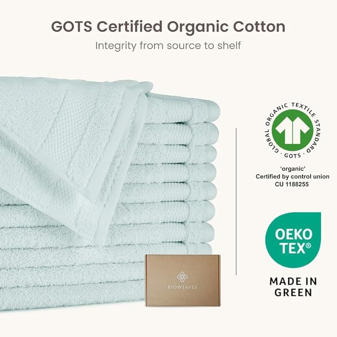 BIOWEAVES 100% Organic Cotton 700 GSM Plush Washcloths 13" x 13" GOTS Certified - Seafoam, Pack of 12
