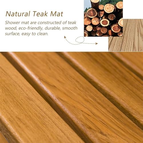 Teak Shower Mat Foldable Luxury Wooden Non-Slip Wood Bath Mat for Bathroom Bathtub Indoor Outdoor,Teak Wooden Bath Mat 20-44 Inches, Solid Anti-Slip Shower Floor Mat with Center Drain Hole,