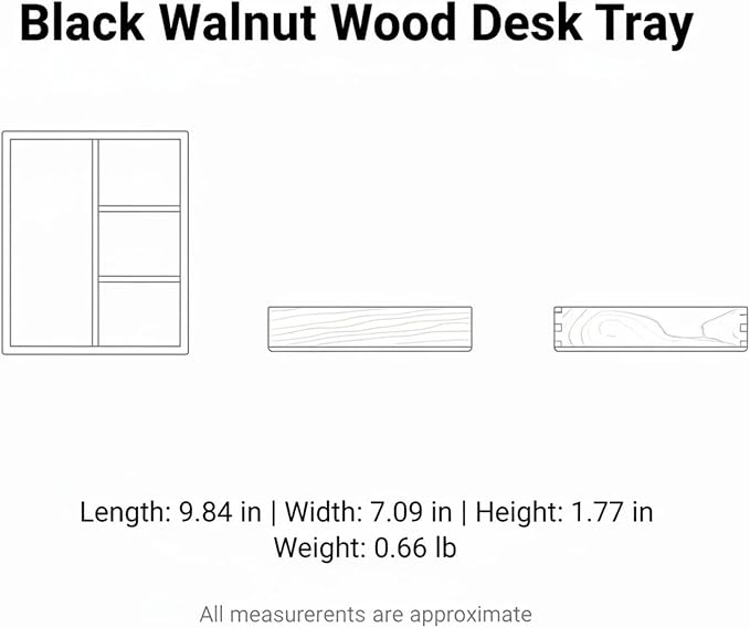 Solid Black Walnut Wood Desk Organizer Tray for Office, Entryway, and Home Storage