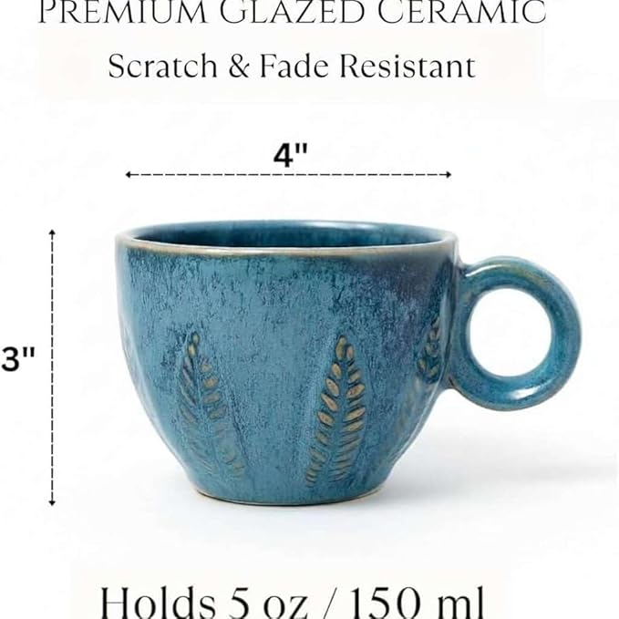 Ceramic Espresso Cup 5 oz, Stoneware Demitasse Coffee Mug with Handle, Artisan Reactive Glaze Texture, Small Latte Cappuccino Tea Cup, Microwave & Dishwasher Safe, Turquoise, Pack of 6