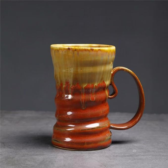 17oz Large Unique Cool Tall Handmade Ceramic Coffee Mug with Comfortable Big handle, Big Pottery Tea Mug, Artisanal Stoneware Coffee cup, Rustic Lead-free Tea Cups, Microwave safe,Brown and Red