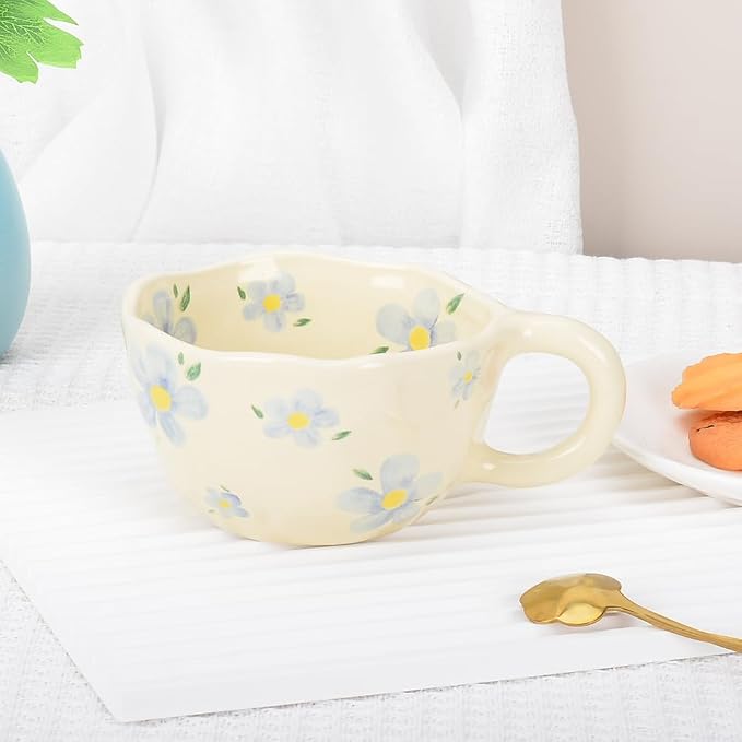Cute Coffee Mug,Ceramic Tea cup,Kawaii coffee mugs,Handmade Creative Flower Pink mug with Spoon,Aesthetic mugs for milk Cappuccino Cocoa,8.5 oz Cheery Mug Gift for Women Christmas (P+B)