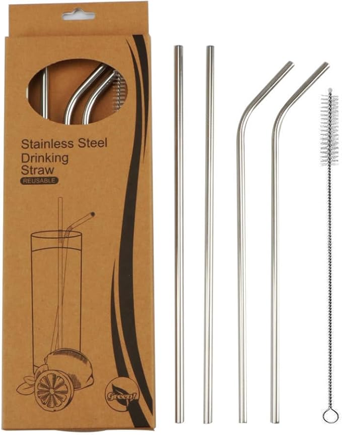 5 Pcs Stainless Steel Straws Set with Cleaning Brush, Reusable Stainless Steel Drinking Straws, Durable for All Beverages, Silver