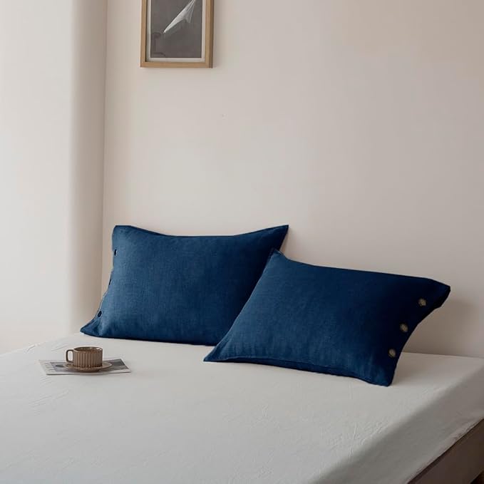 EVERLY 100% Linen Pillowcases Set of 2, French Linen from Normandy, 20X30Inch Queen Size, Natural Color, Coconut Buttons Closure, Flax Pillowshams-Pillowcase-Navy Blue