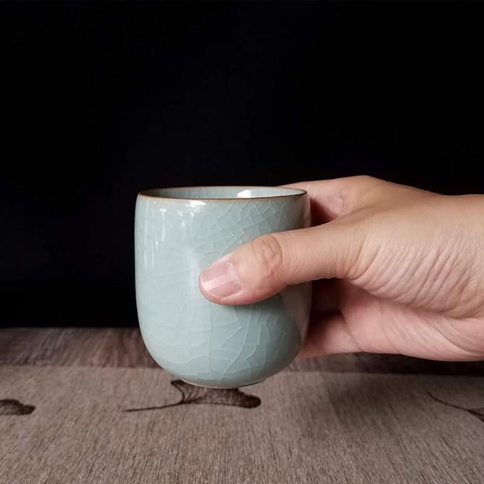Handmade Celadon Teacups 5-Ounce Japanese Style Coffee Cup Glazed-Cracked Porcelain Mugs Beer (1, Grey Cracking)