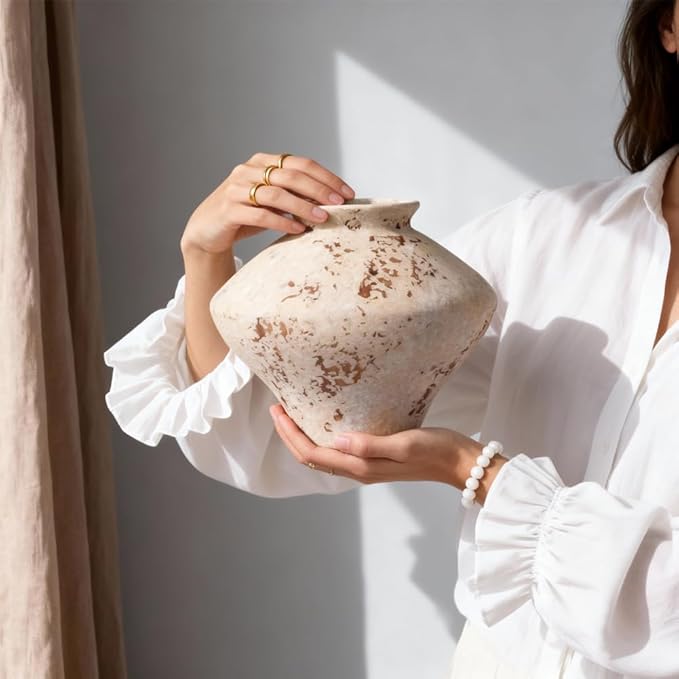 Wabi Sabi Vase 6.7in, Whitewashed Ceramic Vase, Wabi Sabi Decor Vintage Vases for Centerpiece, Round Low Pottery Vase Rustic Farmhouse Decor for Coffee Table Shelf Entryway
