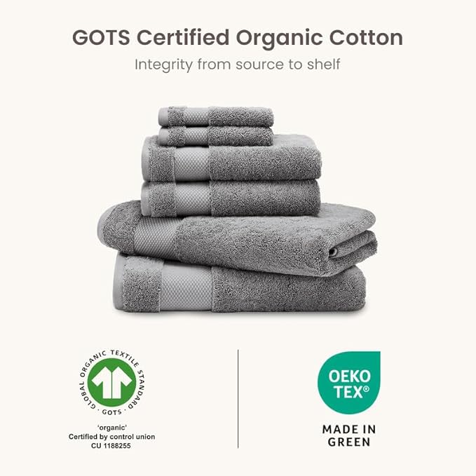 BIOWEAVES 100% Organic Cotton 700 GSM Plush 6-Piece Towel Set GOTS Certified, 2 Bath Towels, 2 Hand Towels & 2 Washcloths - Light Grey