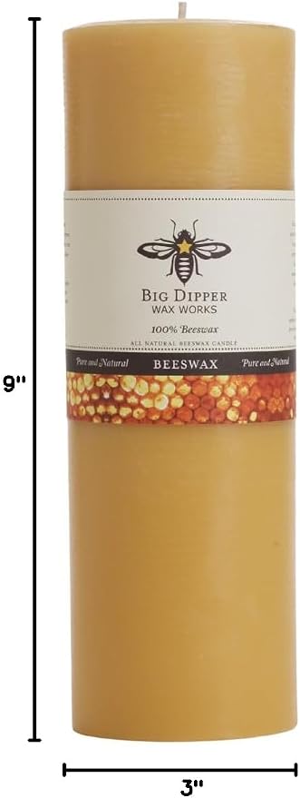 Big Dipper Wax Works 100% Pure Beeswax Pillar Candle, Extra Large 3" x 9", 110 Hour Burn, Handcrafted Honey Aroma, Clean Soot-Free, Eco-Friendly Cotton Wick for Home Décor, Weddings & Meditation