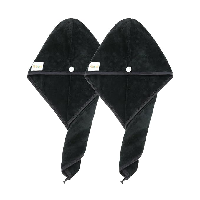 M-bestl 2 Pack Microfiber Hair Towel Wrap,Hair Drying Towel with Button,Absorbent and Anti-frizz Head Towel to Dry Curly or Straight Hair Quickly (Black)