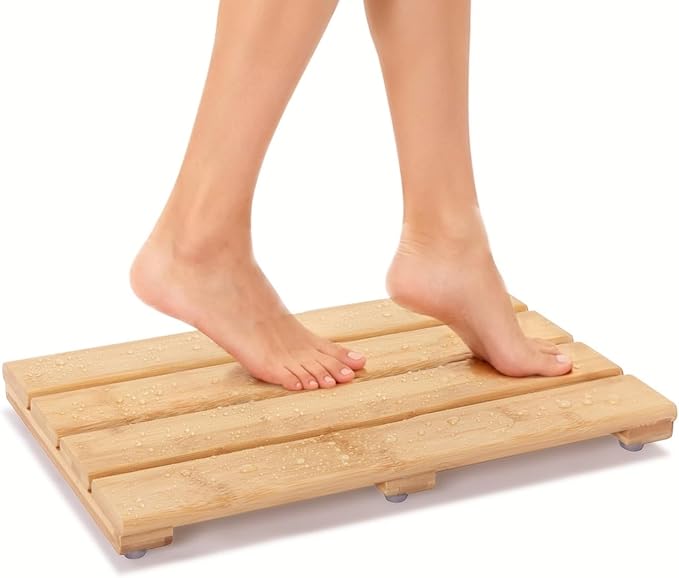 Small Bamboo Bath Mat – Mini Wooden Shower Floor Mat for Compact Bathroom, RV or Tight Spaces, Non-Slip, Quick Dry, Easy to Clean, Indoor Outdoor Use, 15.8" x 10.2" by PELYN