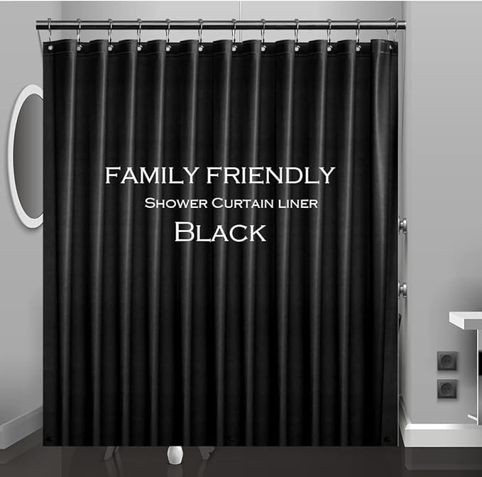 Black Plastic Shower Curtain Liner, 72x72 Inch Thin Lightweight Black Plastic Bathroom Shower Showroom Inner Curtain with Rustproof Metal Grommet Holes and Weighted Magnets
