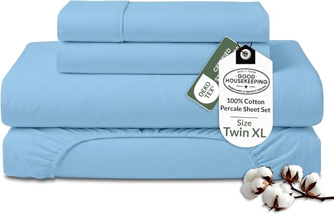 Royale Linens 100% Organic Cotton Twin XL Sheet Set - Percale Weave - 3 Pieces Set - 1 Flat, 1 Deep Pocket Fitted Sheet and 1 Pillowcases -Lake Blue Bed Sheets -Sábanas Twin XL -Crisp Cool (Lake Blue)