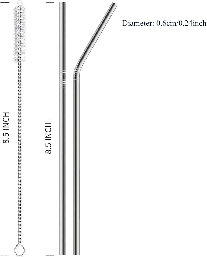 16 Pack of Reusable Stainless Steel Metal Straws, 8 Straight + 8 Bent 8.5 Inch Metal Straws with 2 Cleaning Brushes Dishwasher Safe