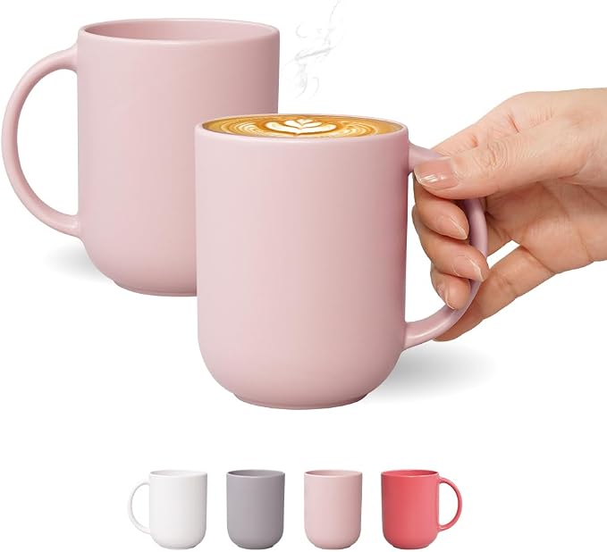 12 oz Ceramic Coffee Mug, Matte Pink White Gray Coffee Mug for Office and Home, Handmade in Korea! Set of 2 (PowderPink)